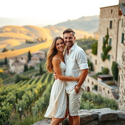 A romantic couple photo in a picturesque Italian setting, featuring a man and woman standing close together, smiling happily