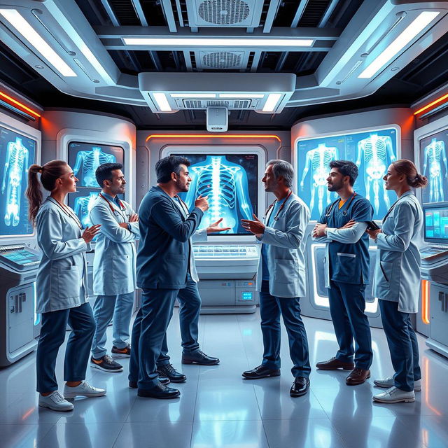 A dynamic and engaging 3D illustration featuring a group of radiology doctors in a futuristic medical environment