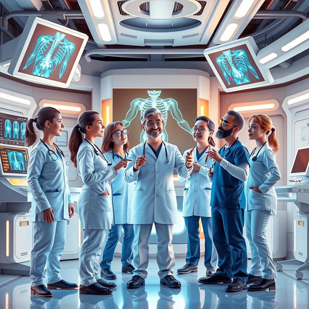 A dynamic and engaging 3D illustration featuring a group of radiology doctors in a futuristic medical environment