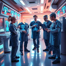 A dynamic and engaging 3D illustration featuring a group of radiology doctors in a futuristic medical environment