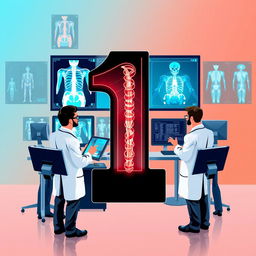 An eye-catching and vibrant illustration featuring the number '1' in an X-ray mode, surrounded by radiology doctors