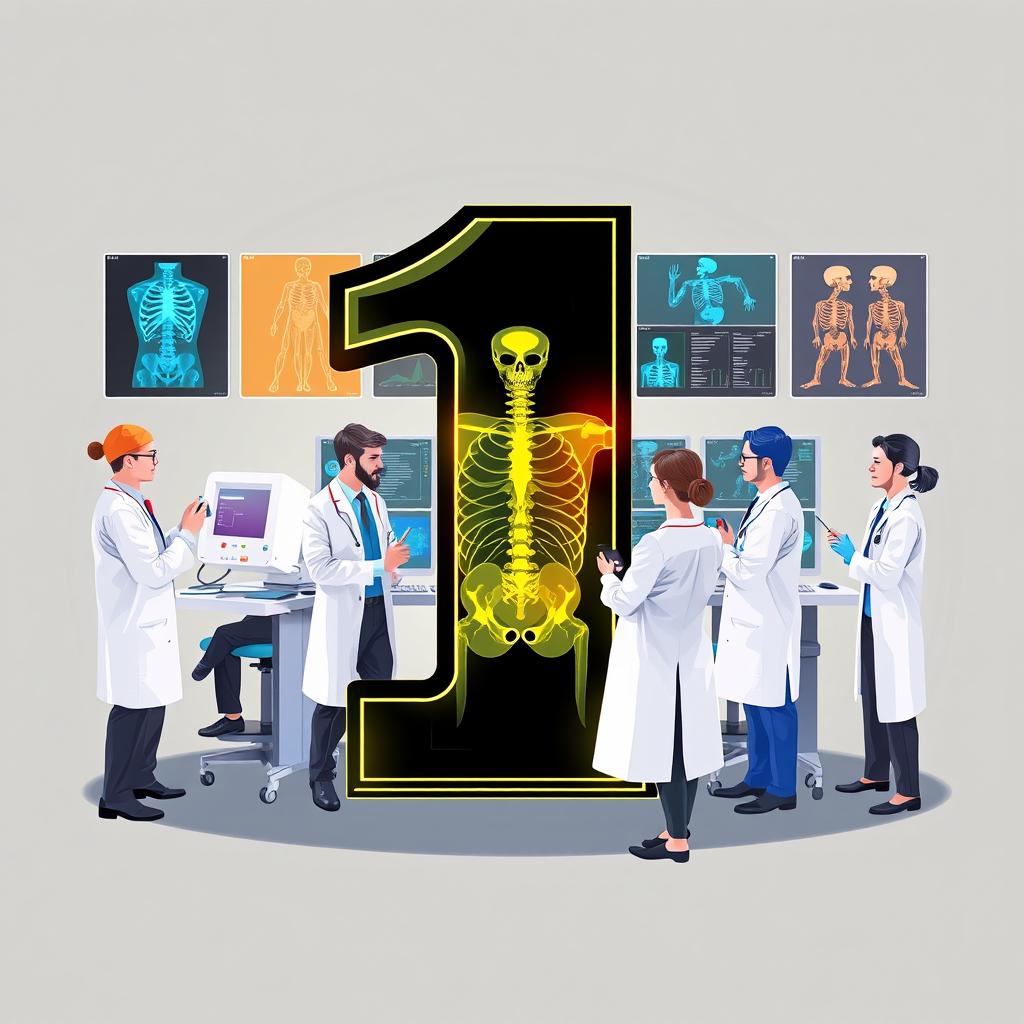 An eye-catching and vibrant illustration featuring the number '1' in an X-ray mode, surrounded by radiology doctors