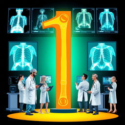 An eye-catching and vibrant illustration featuring the number '1' in an X-ray mode, surrounded by radiology doctors