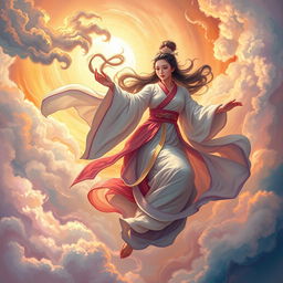 A dynamic and energetic depiction of Chang'e descending to Earth, surrounded by swirling clouds and shimmering light
