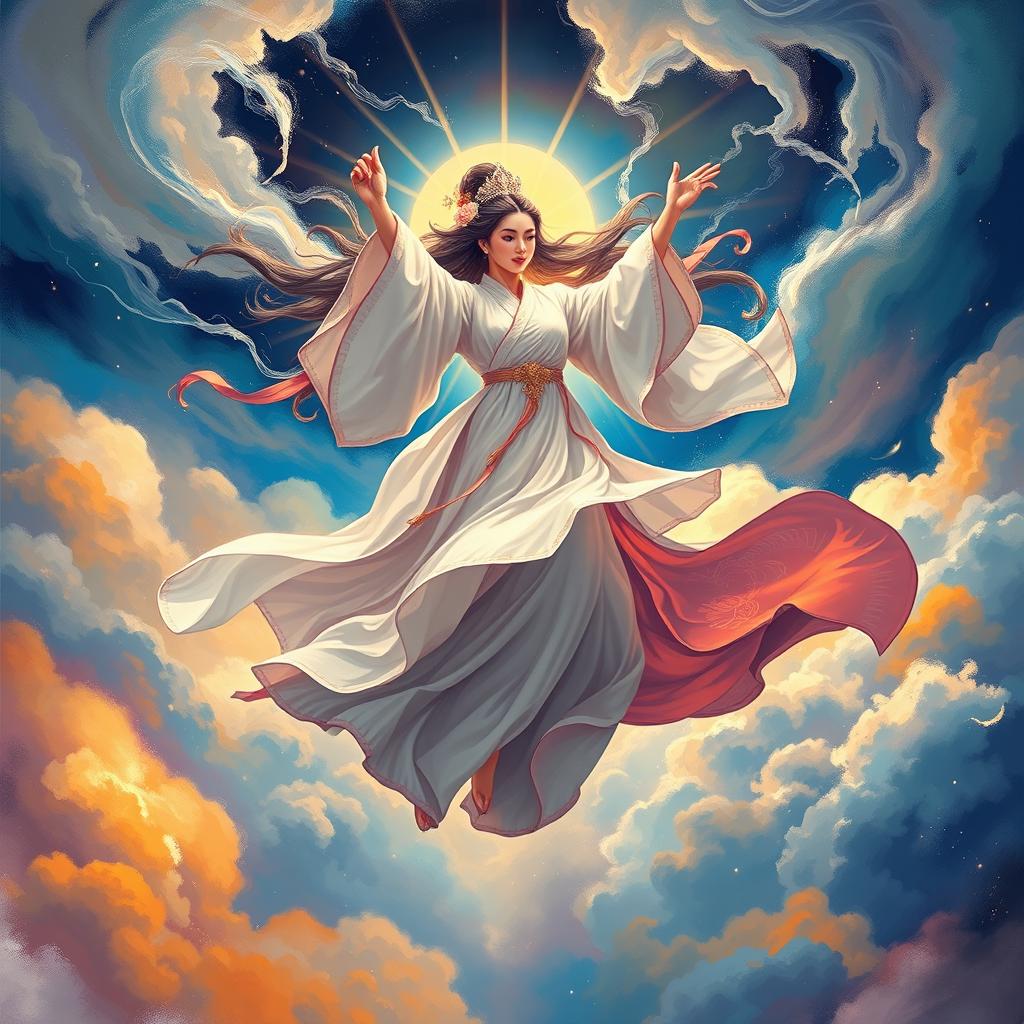 A dynamic and energetic depiction of Chang'e descending to Earth, surrounded by swirling clouds and shimmering light