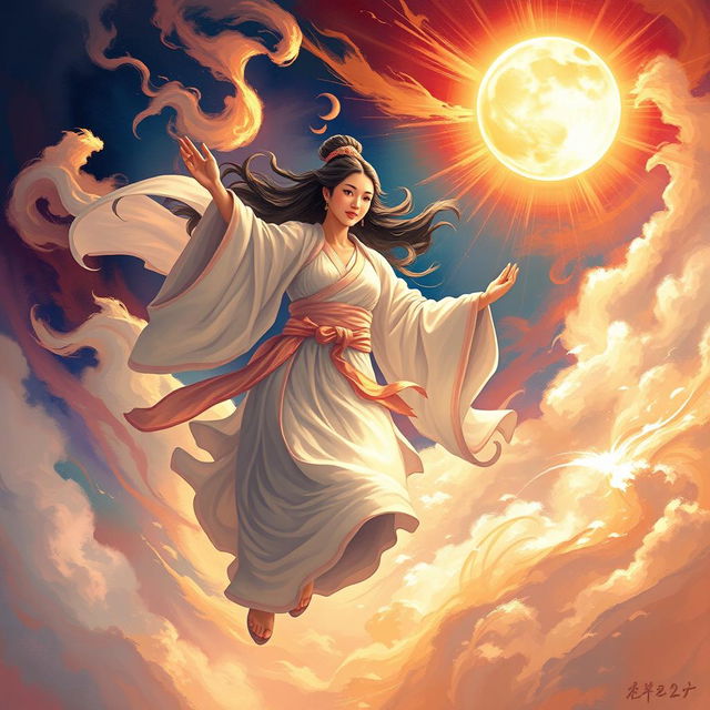 A dynamic and energetic depiction of Chang'e descending to Earth, surrounded by swirling clouds and shimmering light