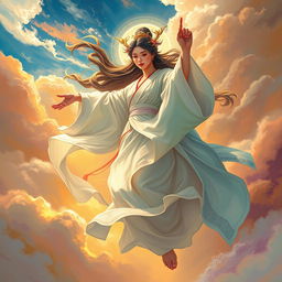A dynamic and energetic depiction of Chang'e descending to Earth, surrounded by swirling clouds and shimmering light