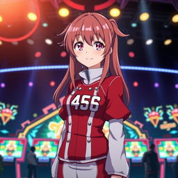 A female character resembling Shizuku from the anime Hunter x Hunter, dressed in a vibrant red and white Squid Game outfit with the number 456 prominently displayed on her chest