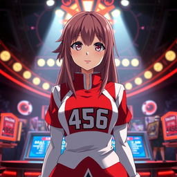 A female character resembling Shizuku from the anime Hunter x Hunter, dressed in a vibrant red and white Squid Game outfit with the number 456 prominently displayed on her chest