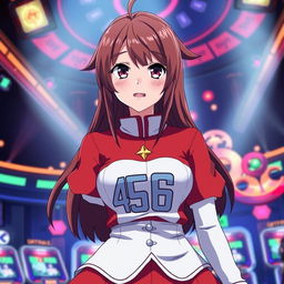 A female character resembling Shizuku from the anime Hunter x Hunter, dressed in a vibrant red and white Squid Game outfit with the number 456 prominently displayed on her chest