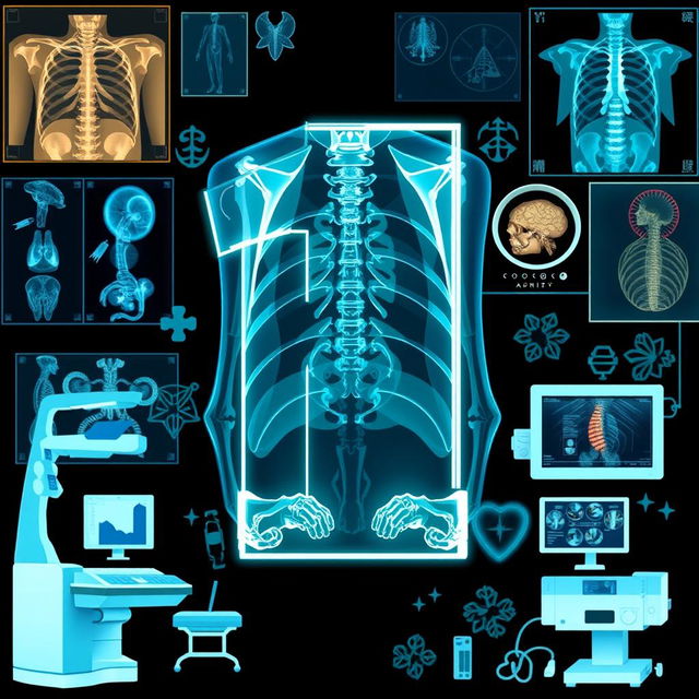 A striking illustration featuring the number '1' displayed prominently in an X-ray mode, surrounded by various radiology elements