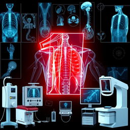 A striking illustration featuring the number '1' displayed prominently in an X-ray mode, surrounded by various radiology elements