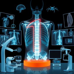 A striking illustration featuring the number '1' displayed prominently in an X-ray mode, surrounded by various radiology elements