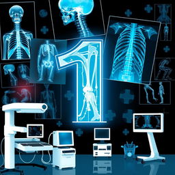 A striking illustration featuring the number '1' displayed prominently in an X-ray mode, surrounded by various radiology elements