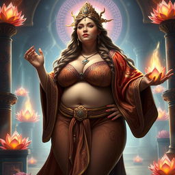 A thick and curvy priestess of the goddess of reincarnation, with a voluptuous figure, emphasizing her thick ass and large breasts