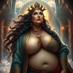 A thick and curvy priestess of the goddess of reincarnation, with a voluptuous figure, emphasizing her thick ass and large breasts
