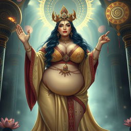 A thick and curvy priestess of the goddess of reincarnation, with a voluptuous figure, emphasizing her thick ass and large breasts