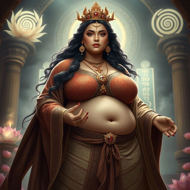 A thick and curvy priestess of the goddess of reincarnation, with a voluptuous figure, emphasizing her thick ass and large breasts