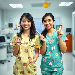 A playful yet professional scene featuring two Asian nurses in a modern hospital setting