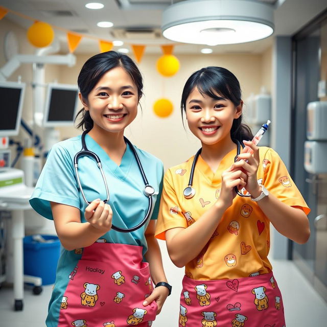 A playful yet professional scene featuring two Asian nurses in a modern hospital setting