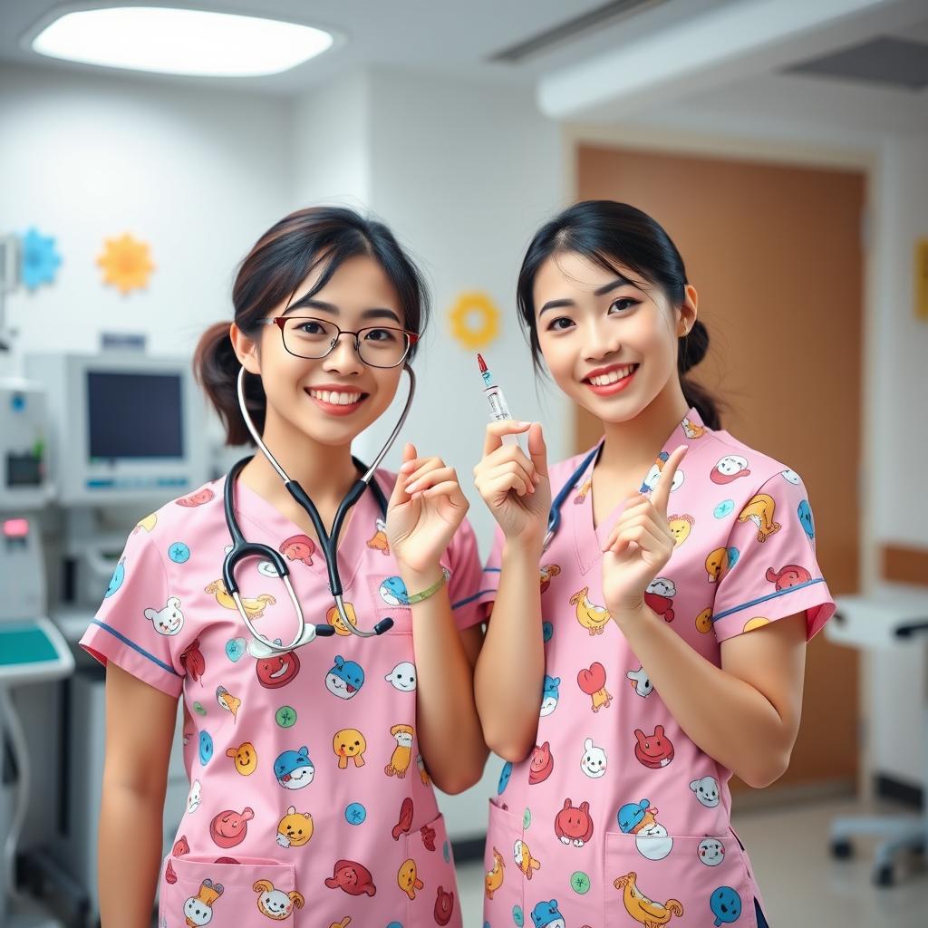 A playful yet professional scene featuring two Asian nurses in a modern hospital setting