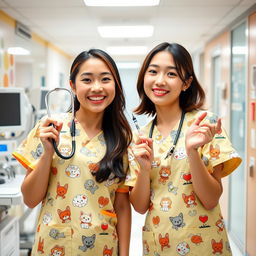 A playful yet professional scene featuring two Asian nurses in a modern hospital setting