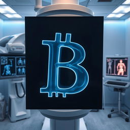 An X-ray image showcasing the letter 'B' prominently displayed, surrounded by radiology equipment such as a modern X-ray machine, medical charts, and glowing screens with anatomical images