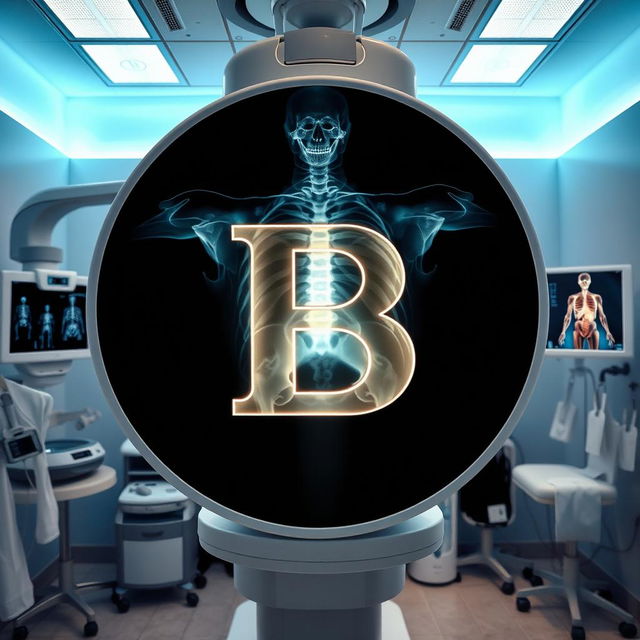 An X-ray image showcasing the letter 'B' prominently displayed, surrounded by radiology equipment such as a modern X-ray machine, medical charts, and glowing screens with anatomical images