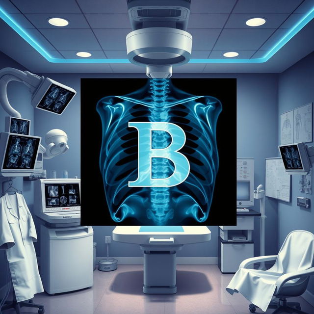 An X-ray image prominently displaying the letter 'B' in the center, surrounded by various radiology equipment like a digital X-ray machine, medical imaging displays, and anatomical diagrams