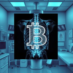 An X-ray image prominently displaying the letter 'B' in the center, surrounded by various radiology equipment like a digital X-ray machine, medical imaging displays, and anatomical diagrams