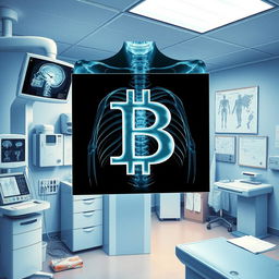 An X-ray image prominently displaying the letter 'B' in the center, surrounded by various radiology equipment like a digital X-ray machine, medical imaging displays, and anatomical diagrams