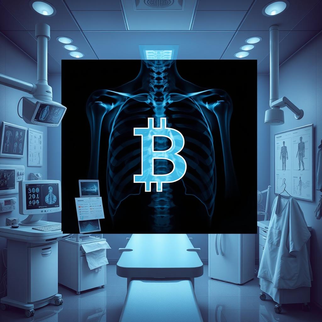 An X-ray image prominently displaying the letter 'B' in the center, surrounded by various radiology equipment like a digital X-ray machine, medical imaging displays, and anatomical diagrams