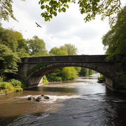 A very old bridge, crafted from worn stone and timber, spanning a picturesque river