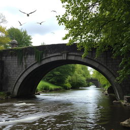 A very old bridge, crafted from worn stone and timber, spanning a picturesque river