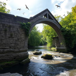 A very old bridge, crafted from worn stone and timber, spanning a picturesque river