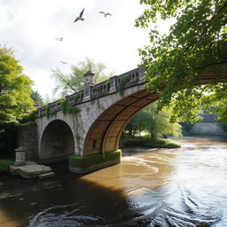 A very old bridge, crafted from worn stone and timber, spanning a picturesque river