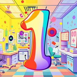 A vibrant and funky X-ray image prominently featuring the number '1' in the center, infused with lively colors and abstract shapes