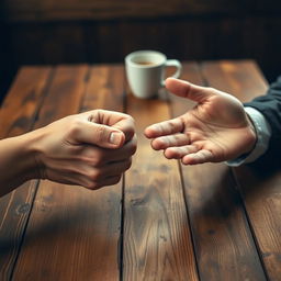 A dynamic scene of two hands engaged in a game of rock-paper-scissors on a wooden table
