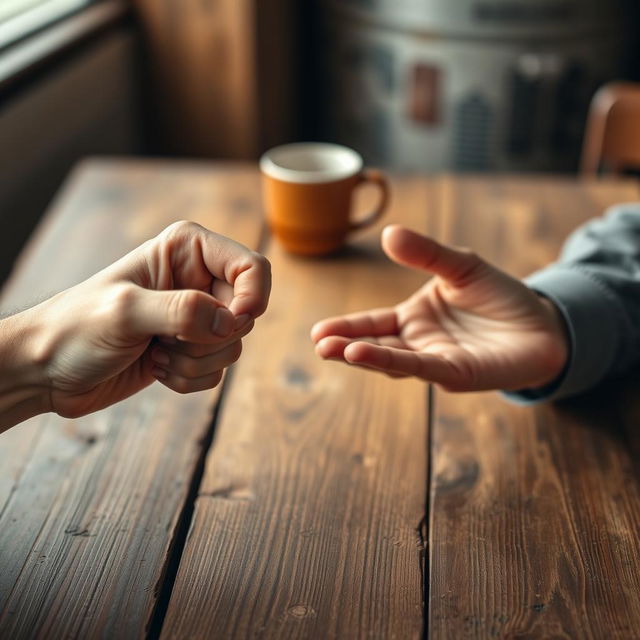 A dynamic scene of two hands engaged in a game of rock-paper-scissors on a wooden table