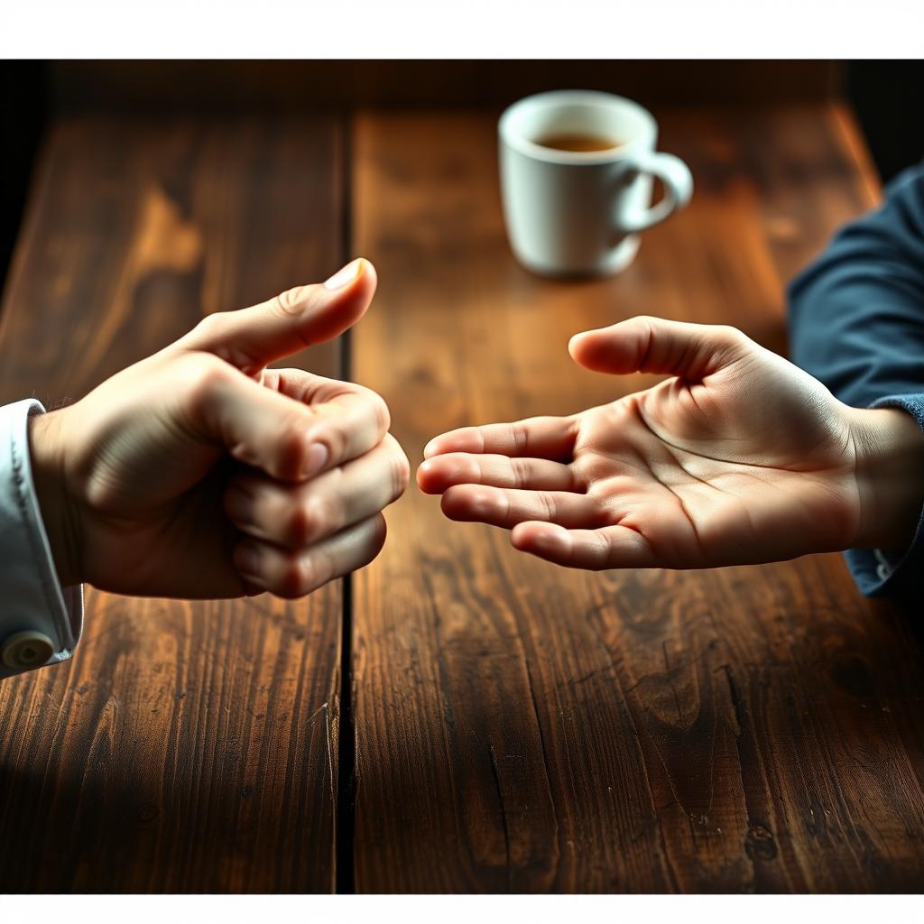 A dynamic scene of two hands engaged in a game of rock-paper-scissors on a wooden table