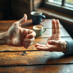 A dynamic scene of two hands engaged in a game of rock-paper-scissors on a wooden table