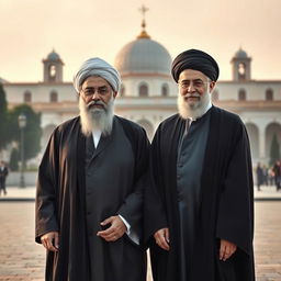 An artistic depiction of Ayatollah Ali Khamenei alongside Ayatollah Ruhollah Khomeini in a historical and respectful portrayal