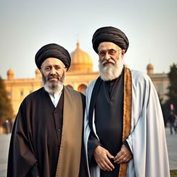 An artistic depiction of Ayatollah Ali Khamenei alongside Ayatollah Ruhollah Khomeini in a historical and respectful portrayal