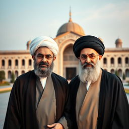 An artistic depiction of Ayatollah Ali Khamenei alongside Ayatollah Ruhollah Khomeini in a historical and respectful portrayal