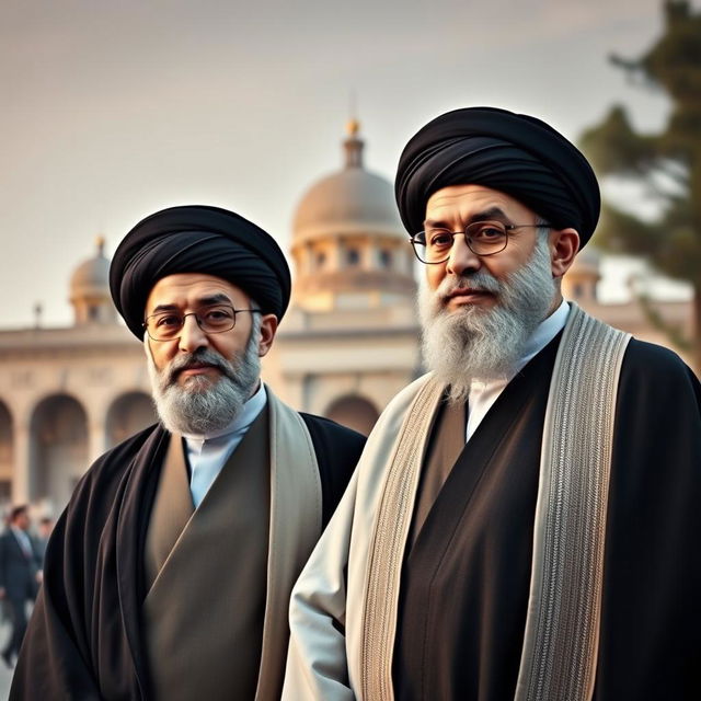 An artistic depiction of Ayatollah Ali Khamenei alongside Ayatollah Ruhollah Khomeini in a historical and respectful portrayal