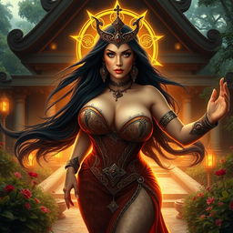A voluptuous priestess of reincarnation with an alluring big thick ass and large breasts, featuring long, flowing dark hair that enhances her captivating beauty