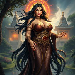 A voluptuous priestess of reincarnation with an alluring big thick ass and large breasts, featuring long, flowing dark hair that enhances her captivating beauty