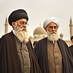 A historical and respectful scene depicting Ayatollah Ali Khamenei standing next to Ayatollah Ruhollah Khomeini