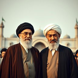 A historical and respectful scene depicting Ayatollah Ali Khamenei standing next to Ayatollah Ruhollah Khomeini