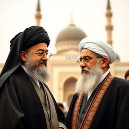 A historical and respectful scene depicting Ayatollah Ali Khamenei standing next to Ayatollah Ruhollah Khomeini